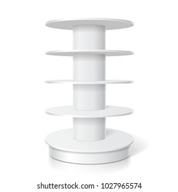 Blank white products realistic display. Empty supermarket stand with round shelves vector template
