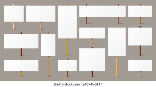 Blank white protest sign with wooden holder. Various realistic vector demonstration banners. Strike action cardboard placard mockup. Social advertisement. Vector illustration