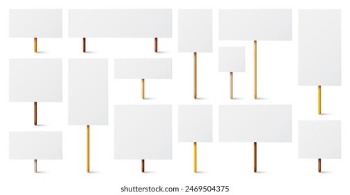 Blank white protest sign with wooden holder. Various realistic vector demonstration banners. Strike action cardboard placard mockup. Social advertisement. Vector illustration