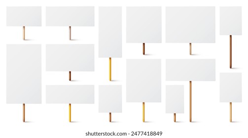 Blank white protest sign with wooden holder. Various realistic vector demonstration banners. Strike action cardboard placard mockup. Social advertisement. Vector illustration