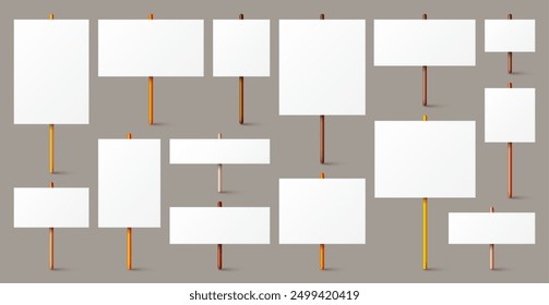 Blank white protest sign with wooden holder. Various realistic vector demonstration banners. Strike action cardboard placard mockup. Social advertisement. Vector illustration