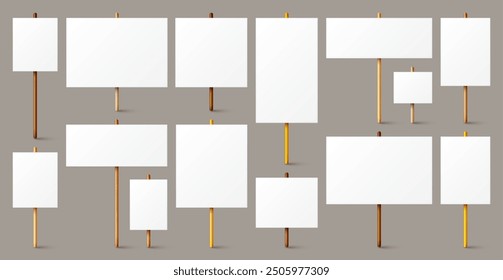 Blank white protest sign with wooden holder. Various realistic vector demonstration banners. Strike action cardboard placard mockup. Social advertisement. Vector illustration