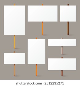 Blank white protest sign with wooden holder. Various realistic vector demonstration banners. Strike action cardboard placard mockup. Social advertisement. Vector illustration