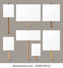 Signo de protesta blanco en blanco con soporte de madera. Varios Anuncios de demostración de Vector realistas. Maqueta de cartel de cartón de acción de huelga. Publicidad social. Ilustración vectorial