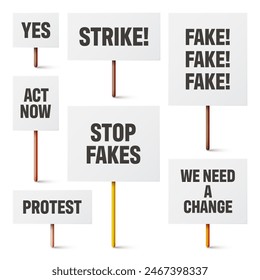 Carteles de protesta blancos en blanco con lemas de texto en un soporte de madera. Varios Anuncios de demostración de Vector realistas. Strike action maqueta de cartón. Publicidad social. Ilustración vectorial