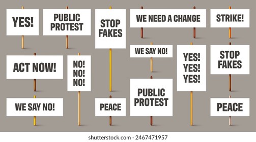 Blank white protest signs with text slogans on wooden holder. Various realistic vector demonstration banners. Strike action cardboard placard mockup. Social advertisement. Vector illustration