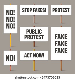 Blank white protest signs with text slogans on wooden holder. Various realistic vector demonstration banners. Strike action cardboard placard mockup. Social advertisement. Vector illustration
