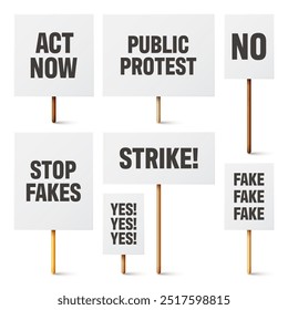 Blank white protest signs with text slogans on wooden holder. Various realistic vector demonstration banners. Strike action cardboard placard mockup. Social advertisement. Vector illustration