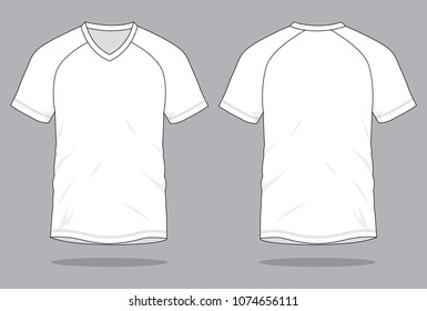 Blank White Raglan Short Sleeve V-Neck Shirt Vector For Template.Front and Back View.