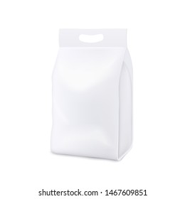 Blank white realistic 3d mockup and template of a plastic bag, pouch and package with handle for pets food and detergent, chips and snack. Isolated realistic vector illustration of mock up.