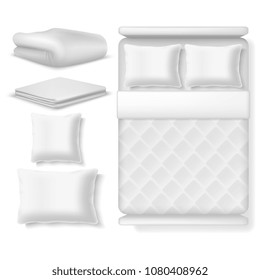 Blank white realistic bedding top view. Bed with blanket, pillow, linen and folded towel. Vector illustration isolated. Bedroom with pillow and comfortable blanket