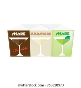 Blank white realistic colorful boxes for juice and shake: milk, chocolate. Mock-up packages templates with screw cap. White cardboard brick package for juice, shake or beverage. Vector illustration.