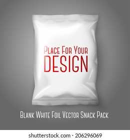 Blank white realistic foil snack pack isolated on grey background with place for your design and branding. Vector