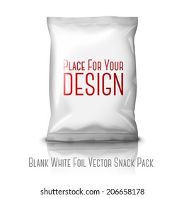 Blank white realistic foil snack pack isolated on white background with reflection and place for your design and branding. Vector