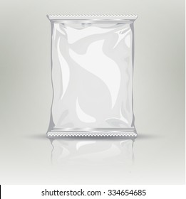 Blank white realistic foil snack pack grayscale template. Foil package with place for your design and branding. Product packing bag. Blank plastic pocket bag