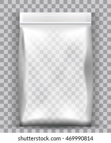 Blank white realistic foil snack pack isolated on white background with reflection and place for your design and branding.