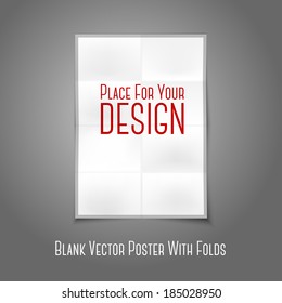 Blank white realistic folded poster with place for your design and branding, isolated on grey background. Vector