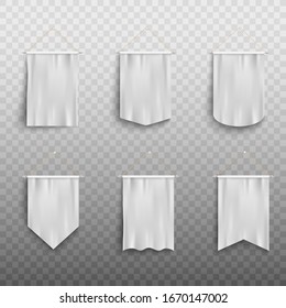 Blank white realistic pennant flag mockup set isolated on white background - medieval wall decoration collection with empty copy space for insignia or text, vector illustration