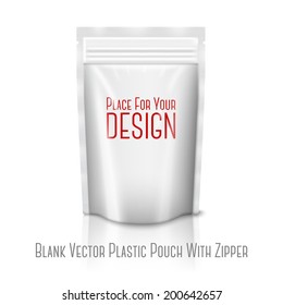 Blank white realistic plastic pouch with zipper isolated on white background with reflection . With place for your design and branding. Vector