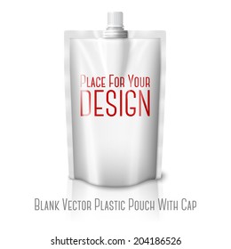 Blank white realistic plastic pouch with cap, isolated on white background with reflection and place for your design and branding. Vector