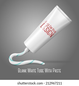 Blank white realistic tube with squeezed from it - paste, cream, ointment, toothpaste, lotion, cosmetics, medicine creme etc. isolated on grey background with place for your design and branding Vector