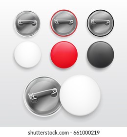 Blank white, red and black badges. Pin button. 3d realistic mockup. Vector illustration EPS 10. Isolated on white background