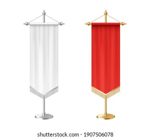 Blank White And Red Vertical Pennants With Tassel Fringe On Steel Spire Pedestal. 3d Realistic Royal Flag Template Mockup. Vector Illustration