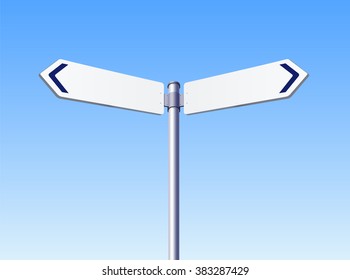 Blank white road signs in bright sky