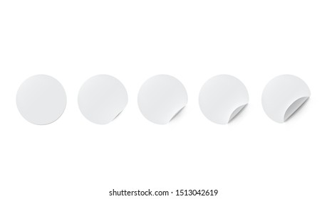 Blank White Round Adhesive Stickers Mockup With Curved Corner Set. EPS10 Vector