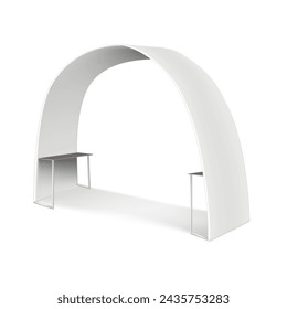 Blank white round arch trade show booth with counter shelves mockup. Tradeshow semicircular display stand. Vector mock-up. Template for design