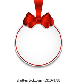 Blank, white round banner with red ribbon and bow, on white background. Vector illustration