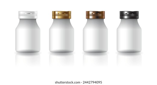 Blank white round bottles for supplements, medicine with white, gold, copper and black cap lid for beauty or healthy product.