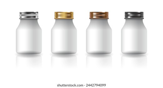 Blank white round bottles for supplements, medicine with white, gold, copper and black screw lid for beauty or healthy product. Isolated on white background. For package design. Vector illustration.