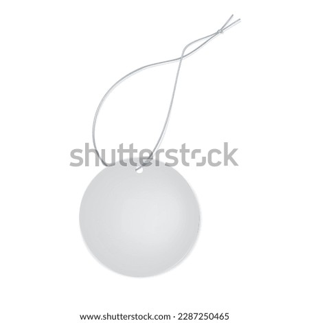 Blank white round clothing label with hanging string realistic vector mockup. Empty paper circle price tag mock-up. Template for design