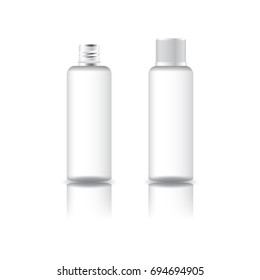 Blank white round cosmetic bottle with white grooved lid for beauty or healthy product. Isolated on white background with reflection shadow. Ready to use for package design. Vector illustration.