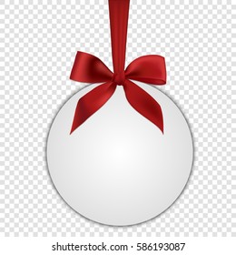 Blank white round gift card template with red ribbon and a bow, vector illustration.