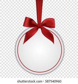 Blank white round gift card template with red ribbon and a bow, vector illustration.