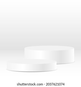 pedestal blanco redondo. rotonda galardonada podium del ganador para una extraordinaria presentación publicitaria de productos de lujo sobre fondo de iluminación de gradiente blanco en escena de estudio