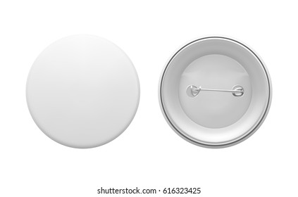 Blank white round pin. Empty badge template, front and back. Graphic design element for slogans, sale announcements, corporate identity, scrapbooking. Vector illustration