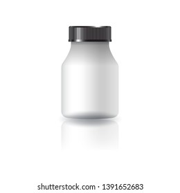 Blank white round supplements, medicine bottle with black grooved lid for beauty or healthy product. Isolated on white background with shadow. Ready to use for package design. Vector illustration.