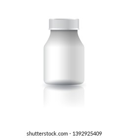 Blank white round supplements, medicine bottle with white grooved lid for beauty or healthy product. Isolated on white background with shadow. Ready to use for package design. Vector illustration.