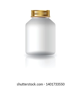 Blank white round supplements, medicine bottle with gold screw lid for beauty or healthy product. Isolated on white background with shadow. Ready to use for package design. Vector illustration.