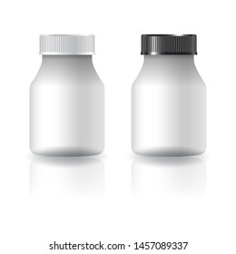 Blank white round supplements, medicine bottle with white-black grooved lid for beauty, healthy product. Isolated on white background with shadow. Ready to use for package design. Vector illustration.