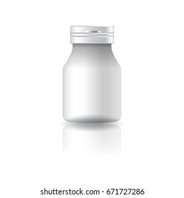 Blank white round supplements or medicine bottle with cap lid for beauty or healthy product. Isolated on white background with reflection shadow. Ready to use for package design. Vector illustration.