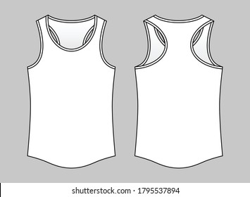 Blank White Running Shirt with Cueve Hem Template on Gray Background. Front and Back Views, Vector File