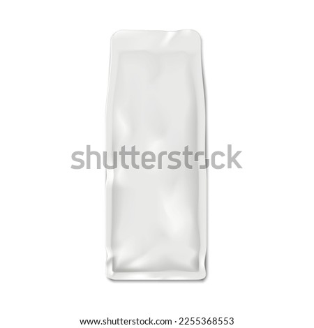 Blank white sachet package vector mockup. Long flexible plastic or foil packet mock-up. Template for design