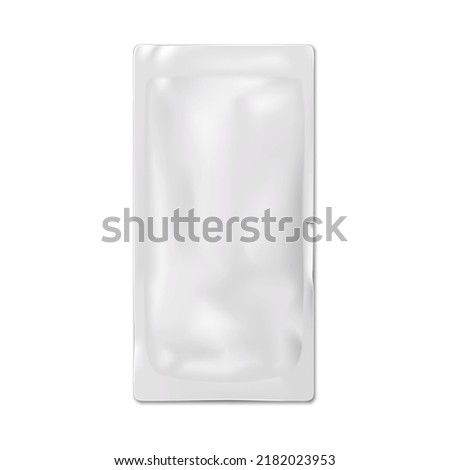 Blank white sachet packet with single tear notch vector mock-up. Plastic pouch template. Food, medical or cosmetic product individual package mockup