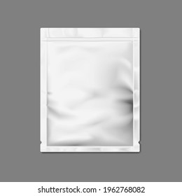 Blank white sachet packet with tear notches isolated on gray background - vector mockup. Individual plastic wrapping bag for cosmetic, medical or food product - mockup. Template for design