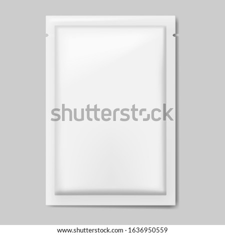 Blank white sachet packet with tear notches, vector mock-up. Individual plastic wrapping bag for cosmetic, medical or food product. Template for design.