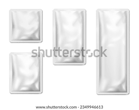 Blank white sachet packet with tear notches vector mock-up set. Individual plastic bag package for cosmetic, medical or food product mockup. Template for design